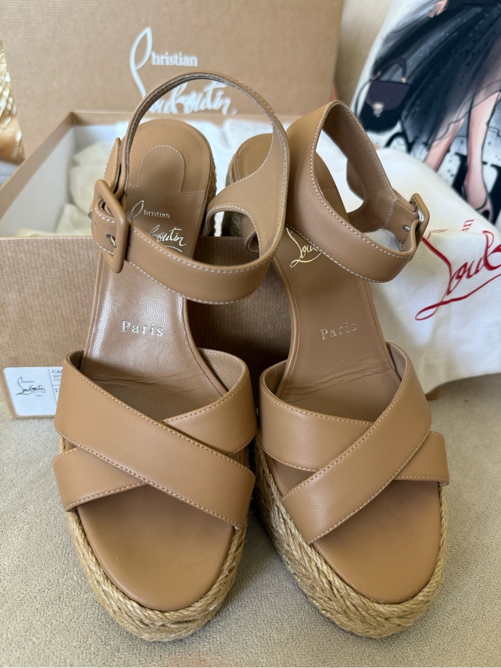 Christian Louboutin Calakala Tan Leather Espadrille Wedge Sandals size 7